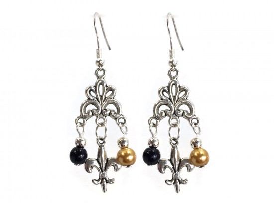 Black Gold Pearl Fleur De Lis Chandelier Hook Earrings