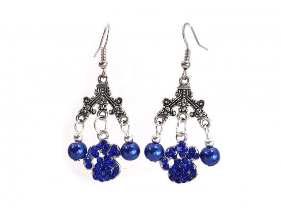 Blue Crystal Paw Pearl Chandelier Hook Earrings