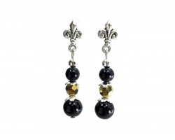 Black Gold Pearl Crystal Fleur De Lis Post Earrings