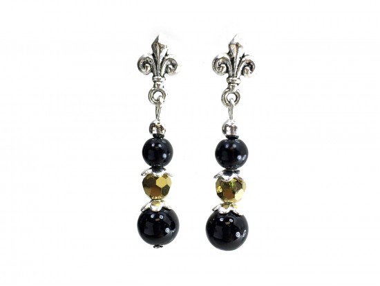 Black Gold Pearl Crystal Fleur De Lis Post Earrings