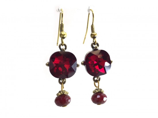 Red Square Crystal Gold Dangle Hook Earrings