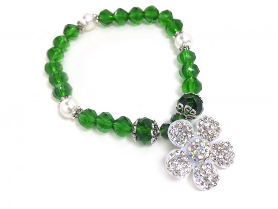 Green White Flower Crystal Stretch Bracelet