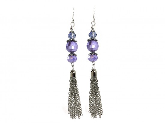 Lilac Faceted Pearlized Bead Tassel Hook Earring