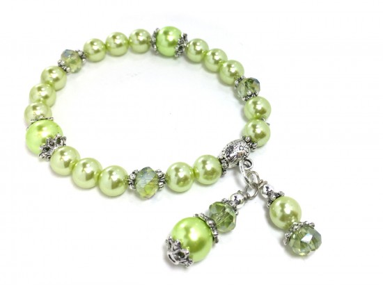 Light Green Crystal Pearled Bead Stretch Bracelet