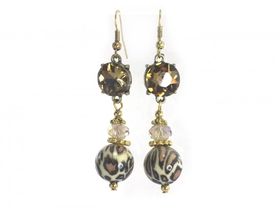 Leopard Bead Brown Crystal Gold Hook Earrings Leopard Bead Brown Crystal Gold Hook Earrings