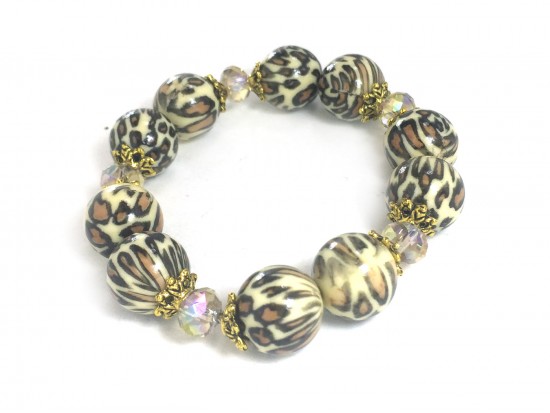 Leopard Bead Brown Crystal Stretch Bracelet