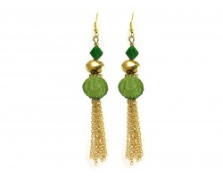 Green Gold Mesh Crystal Tassel Hook Earrings
