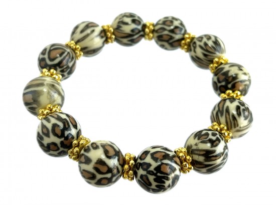 Leopard Bead Brown Gold Stretch Bracelet
