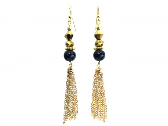Black Gold Bead Crystal Tassel Hook Earrings