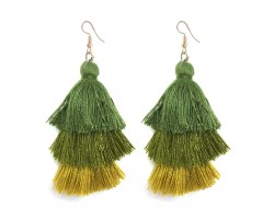 Green 3 Tier Large Cloth Tassel Hook Earrings