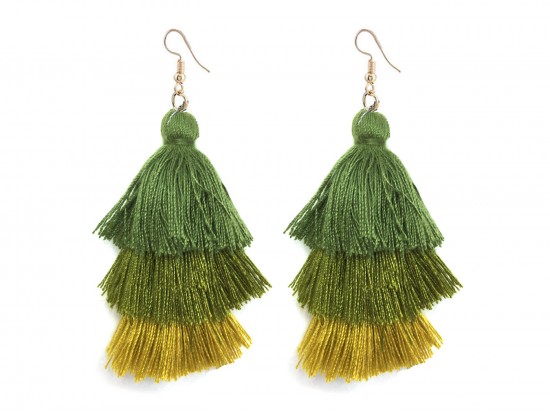 Green 3 Tier Large Cloth Tassel Hook Earrings Green 3 Tier Large Cloth Tassel Hook Earrings