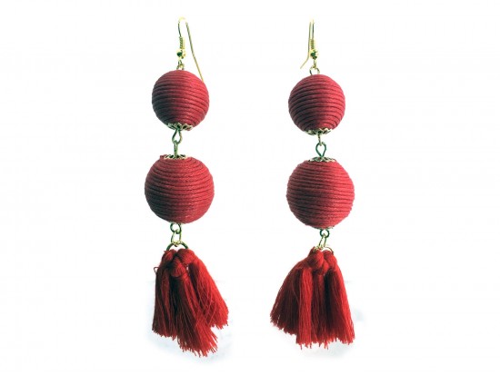 Red Thread Wrap Ball Cloth Tassel Hook Earrings
