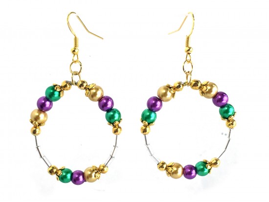 Mardi Gras Pearl Round Loop Tube Gold Earrings