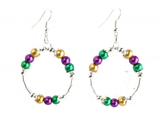Mardi Gras Pearl Round Loop Tube Silver Earrings Mardi Gras Pearl Round Loop Tube Silver Earrings