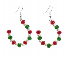 Red Green White Crystal Pearl Half Loop Hook Earrings