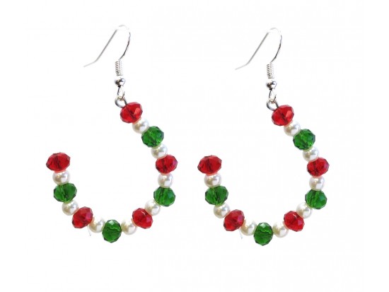 Red Green White Crystal Pearl Half Loop Hook Earrings Red Green White Crystal Pearl Half Loop Hook Earrings