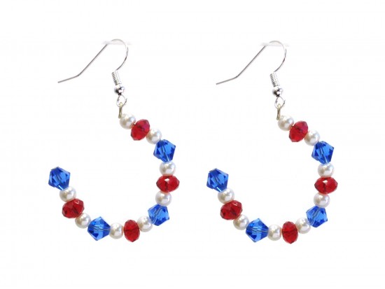 Red White Blue Crystal Pearl Half Loop Hook Earrings