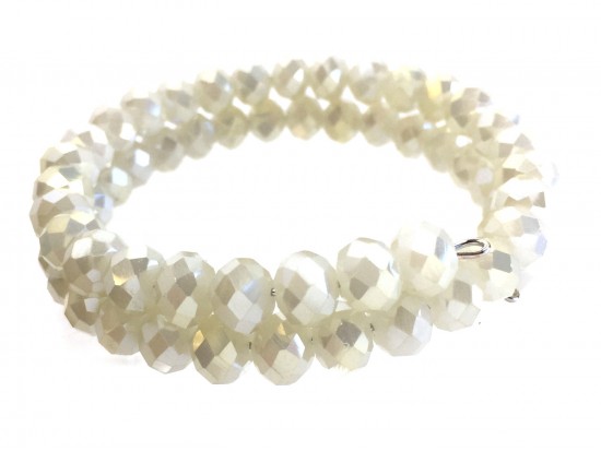 Beige Crystal Bead Memory Wire Coil Bracelet