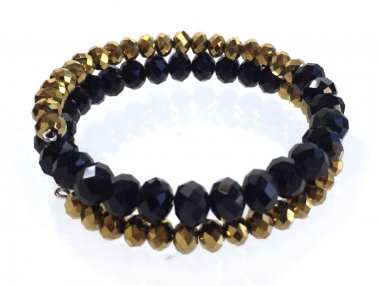 Black Gold Crystal Bead Memory Wire Coil Bracelet