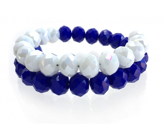 Blue White Crystal Bead Memory Wire Coil Bracelet