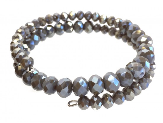 Gray Crystal Bead Memory Wire Coil Bracelet