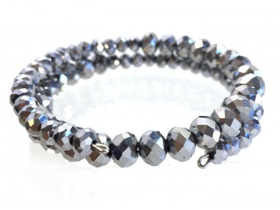 Silver Crystal Bead Memory Wire Coil Bracelet