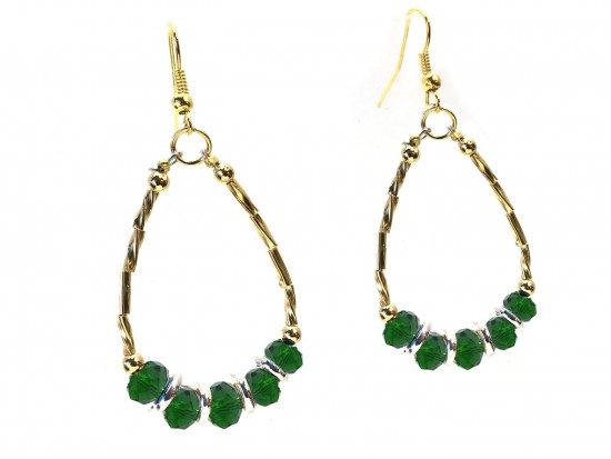 Green Crystal Gold Twist Tube Teardrop Earring