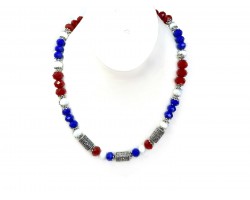 Red White Blue Crystal Filigree Barrel Bead Necklace