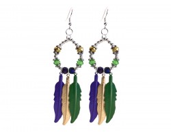 Mardi Gras Feather Crystal Loop Hook Earrings