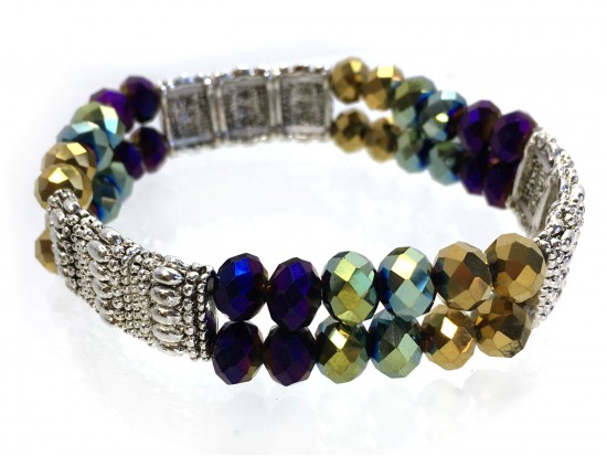 Mardi Gras Silver Section Crystal 2 Line Stretch Bracelet