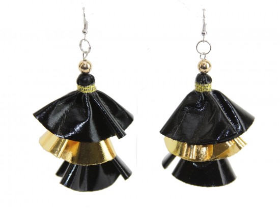 Black Gold Metallic Cloth 3 Tier Hook Earrings