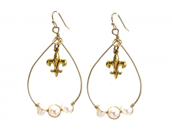 Pearl Teardrop Fleur De Lis Gold Hook Earring Pearl Teardrop Fleur De Lis Gold Hook Earring