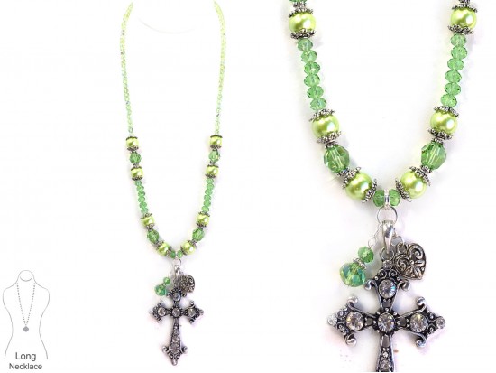 Peridot Green Crystal Pearl Cross Necklace