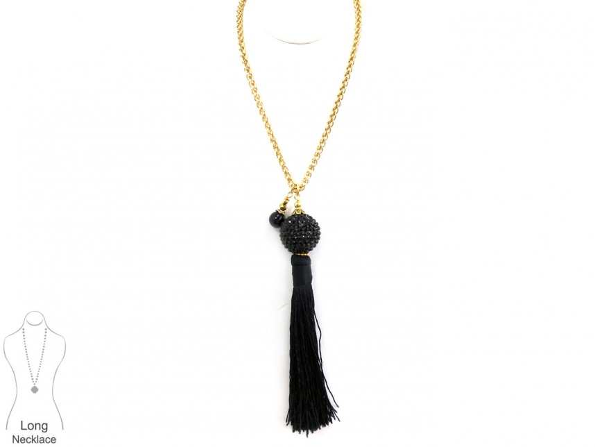 Black Gold Tassel Crystal Ball Necklace 