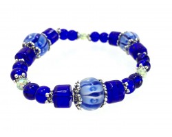 Blue Glass Lantern Beads White Pearl Stretch Bracelet