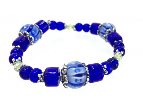 Blue Glass Lantern Beads White Pearl Stretch Bracelet