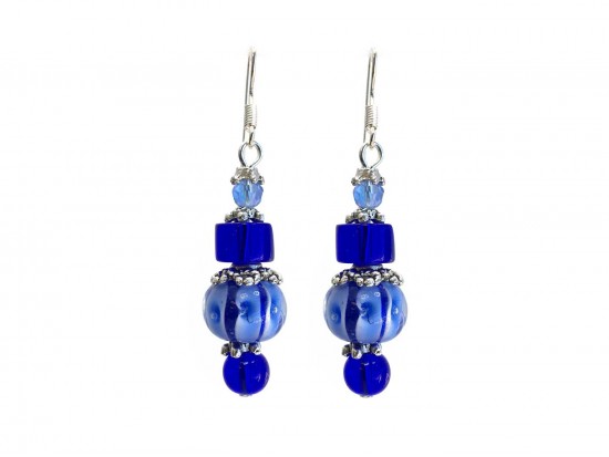 Blue Glass Lantern Bead Hook Earrings