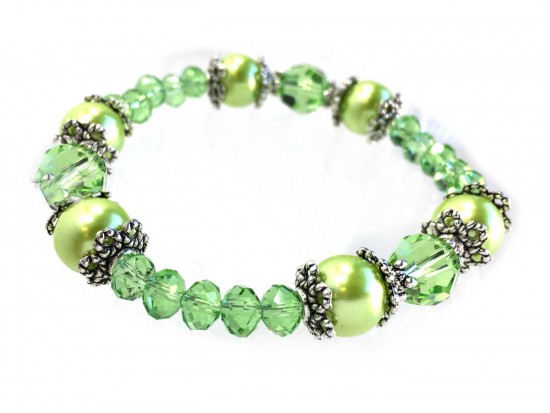 Green Peridot Crystal Pearl Bead Stretch Bracelet
