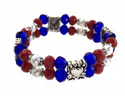 Red White Blue Silver Heart Crystal 2 Line Stretch Bracelet