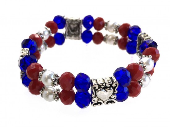 Red White Blue Silver Heart Crystal 2 Line Stretch Bracelet Red White Blue Silver Heart Crystal 2 Line Stretch Bracelet