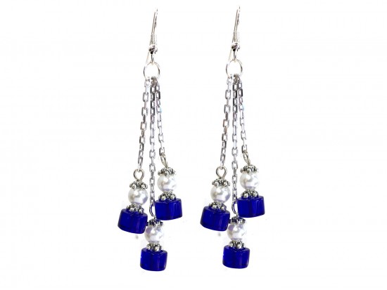 Blue White Glass Tassel Chain Hook Earrings Blue White Glass Tassel Chain Hook Earrings
