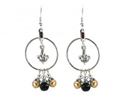 Black Gold Pearl Fleur De Lis Hoop Hook Earrings