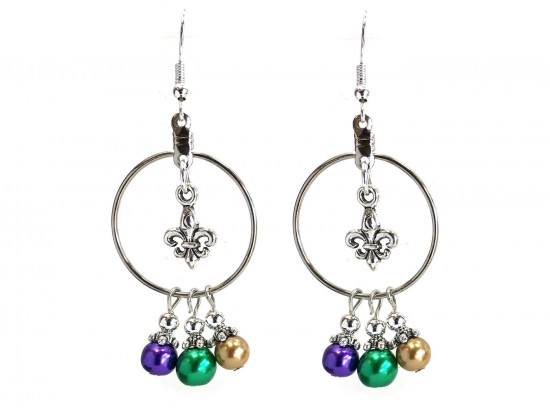 Mardi Gras Pearl Fleur De Lis Hoop Hook Earrings