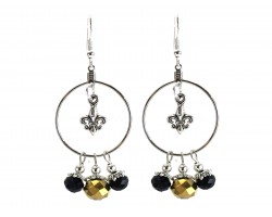 Black Gold Crystal Fleur De Lis Hoop Hook Earrings
