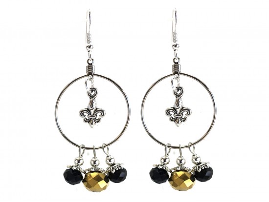 Black Gold Crystal Fleur De Lis Hoop Hook Earrings Black Gold Crystal Fleur De Lis Hoop Hook Earrings