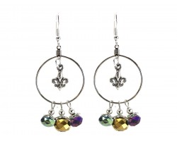 Mardi Gras Crystal Fleur De Lis Hoop Hook Earrings