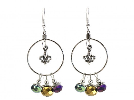 Mardi Gras Crystal Fleur De Lis Hoop Hook Earrings