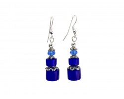 Blue Glass Cylindrical Bead Hook Earrings
