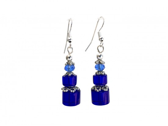 Blue Glass Cylindrical Bead Hook Earrings