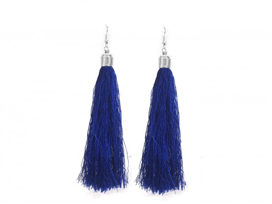 Blue Cloth Tassel Silver Hook Earrings